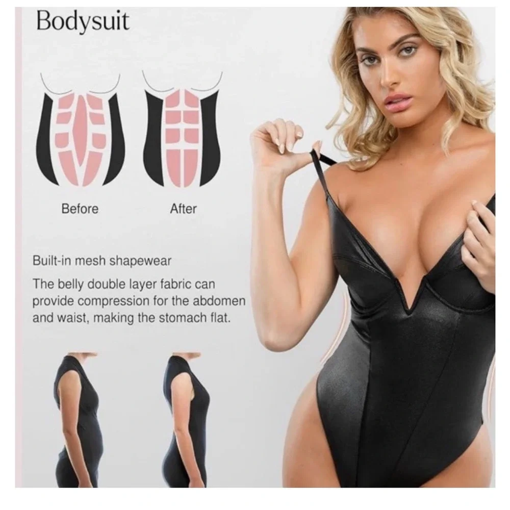 NWT Popilush Red Faux Leather Corset Shapewear Bodysuit Underwire V-Neck Medium‎